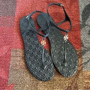 Tory Burch Marion Quilted Black Sandal Vegan Leather Size 9